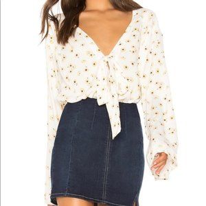 Free People Deep V Neck Wide Sleeve Sunflower Long Sleeve Bodysuit Size XS